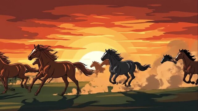 Wild Horses Stampede at Sunset Vector Cartoon Illustration