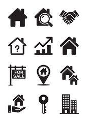 Obraz premium Collection of black real estate including houses handshake graph key and buildings home