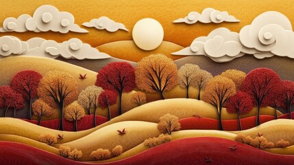 Paper-cut countryside under a glowing harvest sun, with sculpted trees in gold and crimson, soft rolling hills, and cloud shapes adding depth and dimension. 