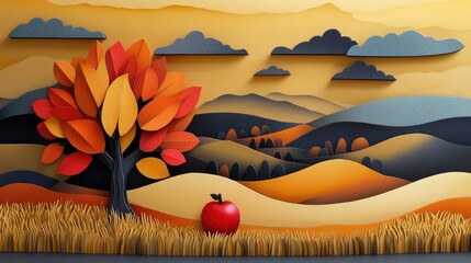 Paper craft illustration of a peaceful rural scene with bold autumn colors, a vibrant red apple beneath a tree, and patchwork-style mountains under a golden sky filled with floating clouds.