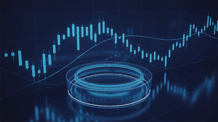 Blue Futuristic Ring Object in Front of a Candlestick Stock Market Chart financial chart