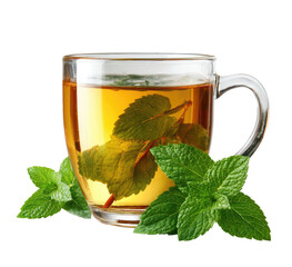 Glass teacup filled with golden-brown tea, surrounded by fresh mint leaves