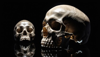 Two detailed human skulls resting on a reflective black surface with dramatic lighting showcasing anatomical features