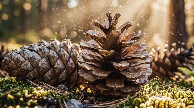 Sunlit pine cones on mossy forest floor