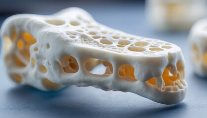 A close up view of a white porous biological structure with irregular holes resembling a bone or skeletal model