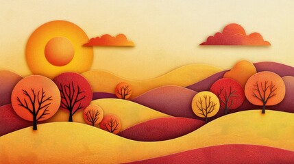 Paper-cut countryside under a glowing harvest sun, with sculpted trees in gold and crimson, soft rolling hills, and cloud shapes adding depth and dimension. -