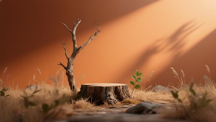 Aesthetic scene featuring a tree stump adorned with a fresh sprout and a barren tree branch