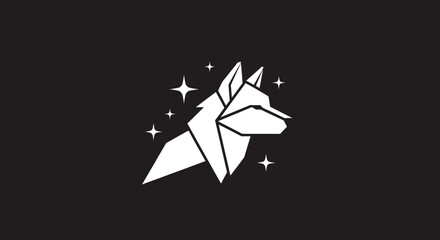 Origami wolf head, white on black, surrounded by stars © MHM99