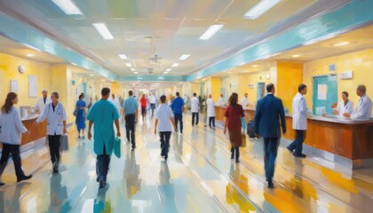 Fototapeta premium Busy hospital hallway scene with doctors nurses and patients moving through bright modern architecture