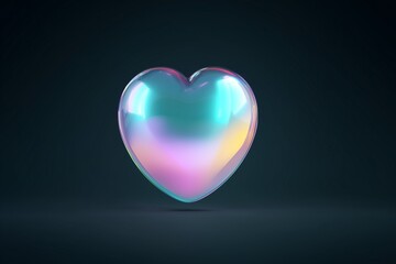Digital art of shining teal floating heart, Vivid holographic teal heart gliding over dark stage with iridescent colors and neon lighting effects in digital design style