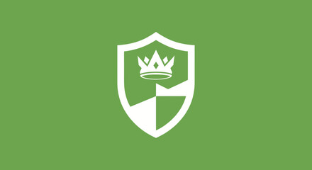White shield featuring a crown over a geometric design, green backdrop