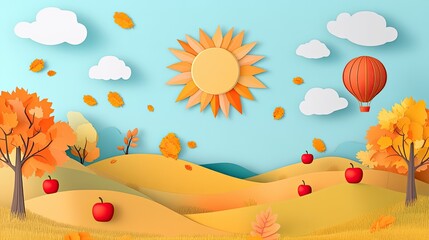 Serene valley scene with oversized paper sun, delicate hills, and playful fall elements like apples, air balloons, and stylized nature details. 