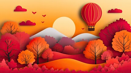 Scenic paper-style view of fall foliage with red and orange trees, soft layered hills, a glowing sunrise, and a gentle breeze