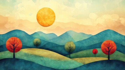 Stylized paper landscape of a crisp autumn day with woven-texture trees, pastel skies, and a bright sun casting golden light over peaceful rolling hills and distant mountain peaks. 