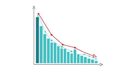 Statistical bar chart showing a downward trend with blue columns and declining red and light blue lines with arrows.