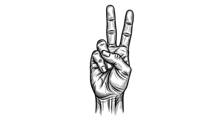 Obraz premium Detailed vintage style engraving of a hand showing the peace sign or victory gesture with two fingers raised on a white background.