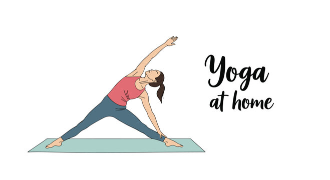 Woman practicing a yoga pose called triangle pose on a green mat with the words yoga at home written in elegant black script.