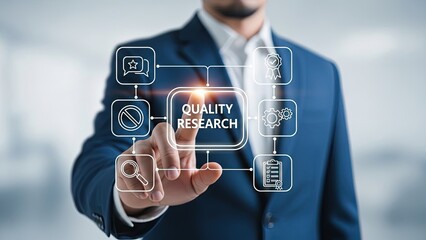 Businessman interacting with quality research interface in modern office