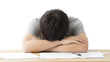 Person resting head on desk (no face) isolated on PNG background.