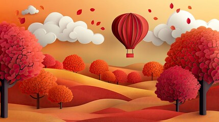 Surreal autumn countryside in paper art style, featuring gentle hills, deep red and orange trees, and a hot air balloon passing through fluffy clouds under the warm sunrise glow. 