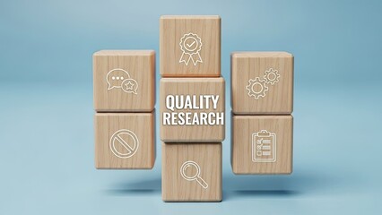 Quality research concept with wooden blocks and icons