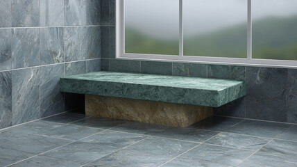 Serene marble shower area with freestanding bench modern spa bathroom green stone tile large window misty view minimal design clean lines calming mood natural light
