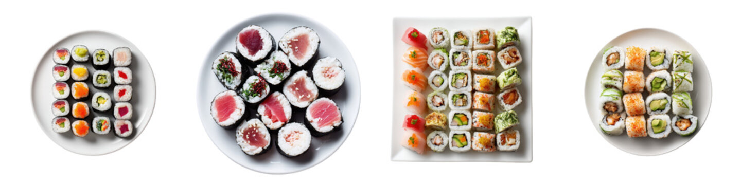 Sushi roll plate rice fish vegetable seafood assorted variety gourmet Four round and square plates with assorted sushi roll selection transparency background, top view, minimal food layout