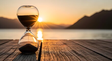 Hourglass Time Passing on Wooden Deck at Sunset with Mountain Lake