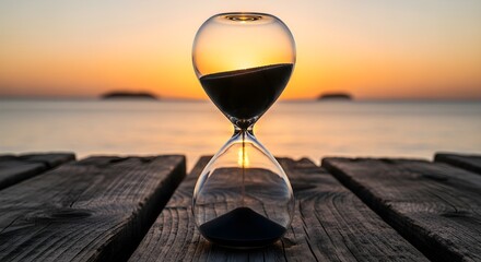 Time is of the Essence Hourglass at Sunset on Dock, Sands Slipping Away