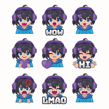 Girl gamers twitch emotes expression vector design