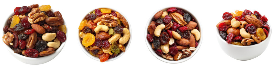 Trail mix nut dried fruit almond cashew raisin cranberry snack bowl assortment Trail mix nut dried fruit almond cashew raisin cranberry snack bowl assortment white ceramic container, healthy