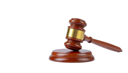 A wooden gavel and striking block are visible in the lower right corner of the image on a plain white alpha channel with white background
