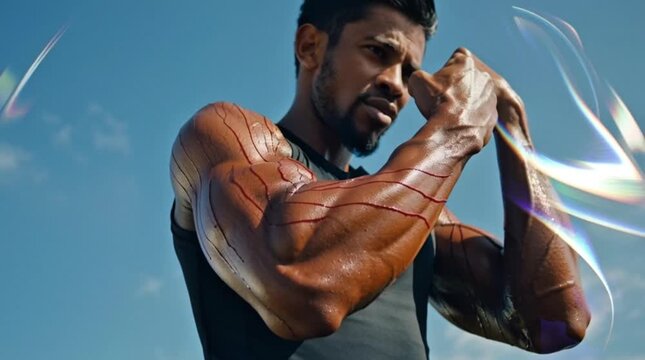 Muscular man flexes arm with unique red patterns under a bright sky