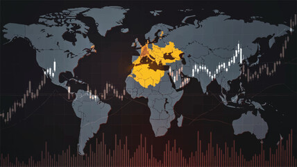 World Map with Highlighted Europe and Financial Stock Market Data Overlay global
