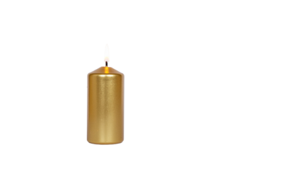 A single golden candle with a wick is seen in the frame it appears to be a pillar candle with a textured surface plain white background and png