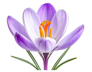 Isolated springtime crocus flower, purple petals, vibrant orange stamens, green leaves, dark backdrop