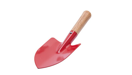 A small red metal shovel with a wooden handle is angled to the right and casting a shadow on the surface on white and transparent