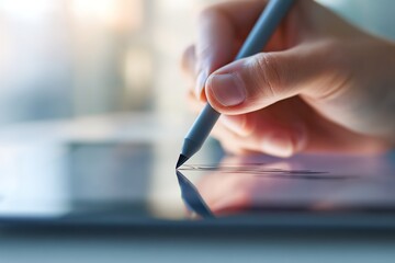 Person uses digital pen on tablet screen to create lines in a workspace during day time