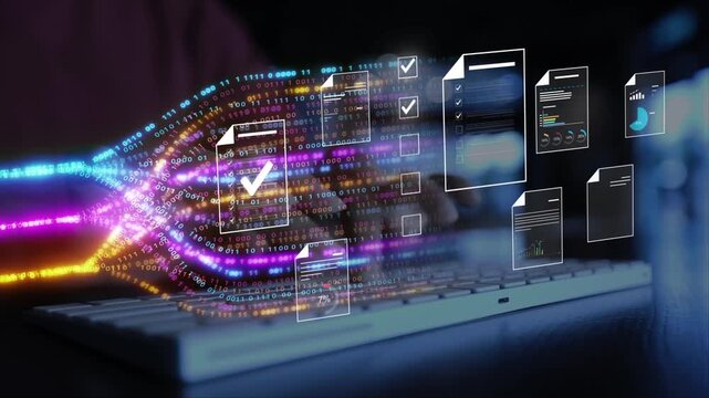 woman analyst uses a computer AI artificial intelligence and dashboard for data business analysis and Data Management System with KPI and metrics connected to the database for technology finance,