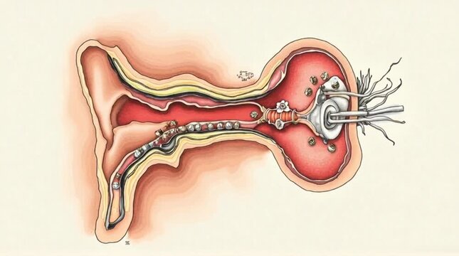 Detailed anatomical illustration of the human ear demonstrating the hearing process