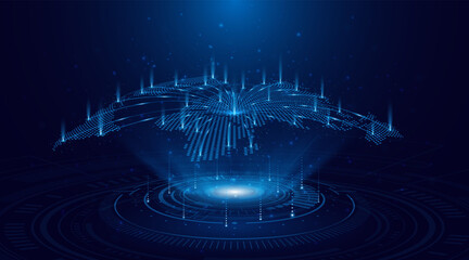 A holographic world map. The concept relates to a global network of connectivity. Internet technology or global communication.
