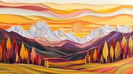 Textured sunrise behind sharp mountain silhouettes, framed by rolling fields, candy-colored fall trees, and whimsical sky elements, all in layered paper art.