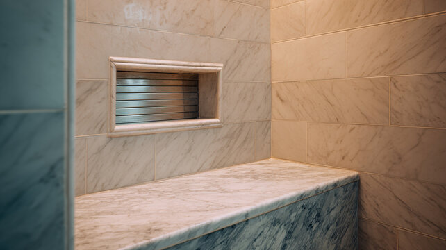 Marble shower niche tile textured ledge bathroom clean modern interior detail Serene marble shower with textured niche tile and smooth ledge, clean modern bathroom interior detail with soft light