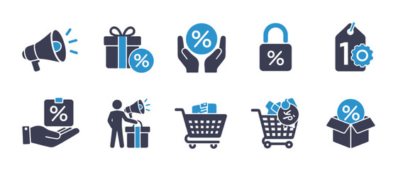 offer icons collection, promotion and sale symbols, discount, shopping and retail marketing icons, solid vector illustrations for web design, apps and digital interfaces.