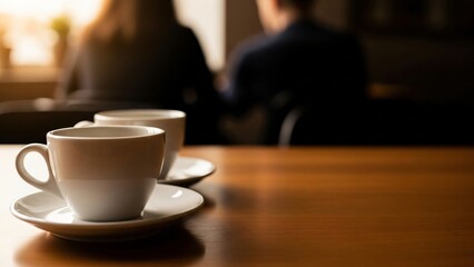 Fototapeta premium Coffee cups on a wooden table with couple in the background, Valentine's Day Theme 
