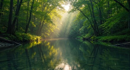 Obraz premium Sunbeams penetrate dense woodland canopy illuminating calm flowing water surface