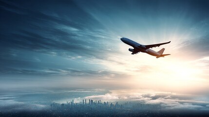 Commercial airplane soaring against vast skies and aerial landscape, symbolizing modern air travel and global connectivity. Sleek aircraft over terrain for transportation, tourism, and business themes