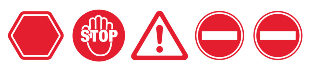 Stop do not cross ban forbidden and alert icon set, road safety symbols in red and white, stop sign isolated, vector hand stop sign illustration for traffic warning, prohibition, and safety awareness.