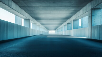 Perspective view of a concrete parking structure showing empty space and natural light at midday