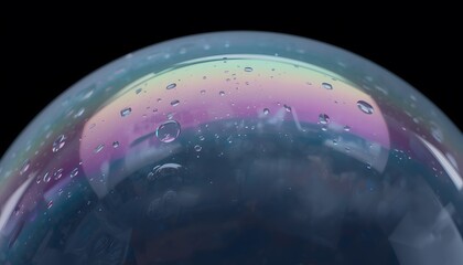 Naklejka premium Vibrant iridescent bubble with water droplets on black background